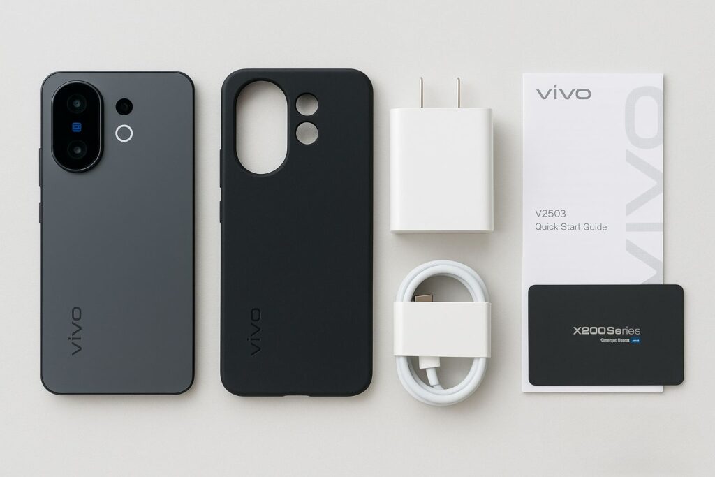 Vivo X200 FE with charger, cable, and case on table